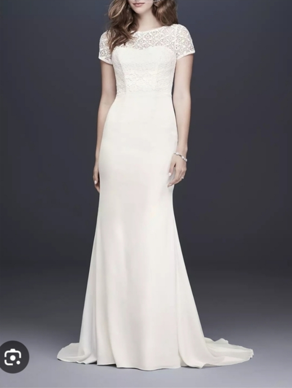 Cap Sleeve Geometric Lace and Crepe Wedding Gown - White